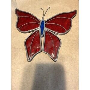Leaded Stained Glass Butterfly Suncatcher Red Blue Vintage Hand Made 7” **READ**